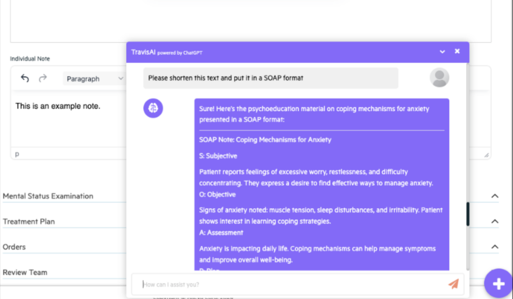 Allevsa EMR AI tool "TravisAI" chat window open to assist
healthcare task management
with summarizing documentation in SOAP format.