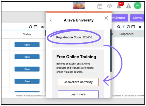 Alleva University page displaying training link for post EMR migration support.
