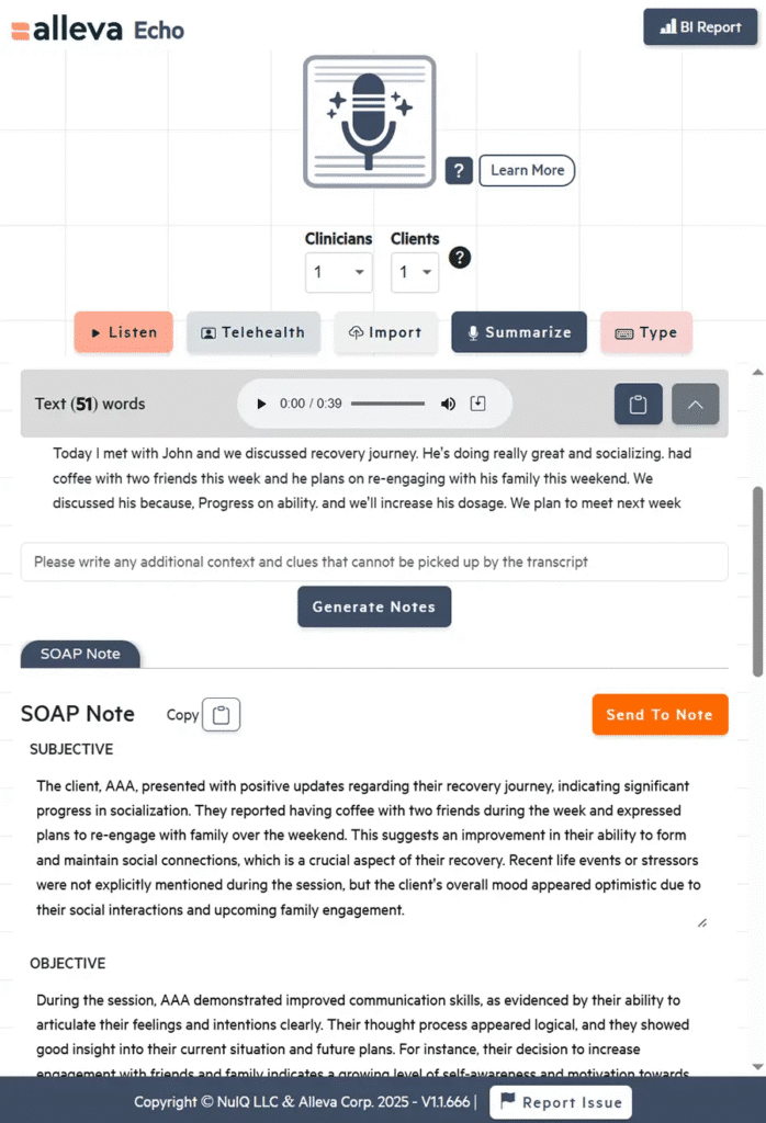 Screenshot of the Alleva HIPAA compliant AI therapy notes software feature. Displays audio and playback controls, context notes, and SOAP notes in one dashboard.