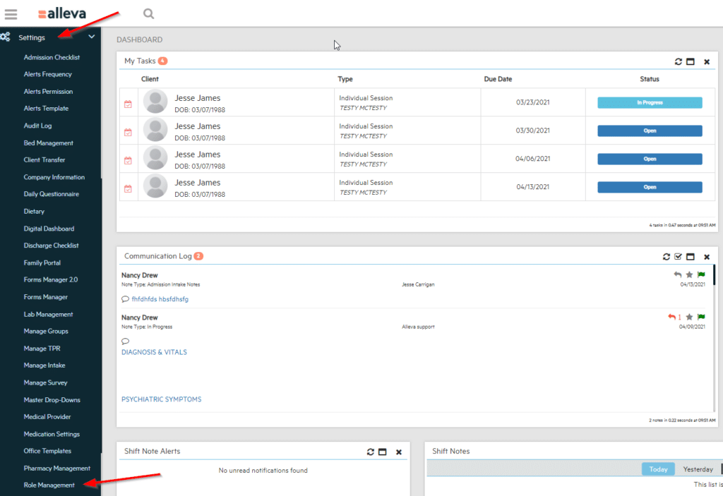 Alleva dashboard with visual guide for how to use EMR software risk management menu, including roles and permissions.