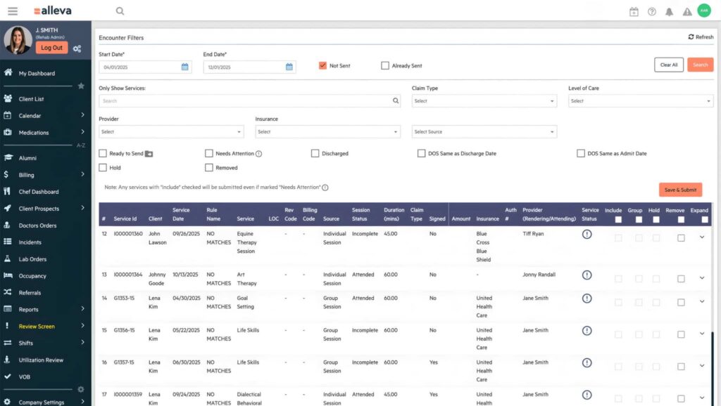 a screen capture of Alleva group therapy software dashboard